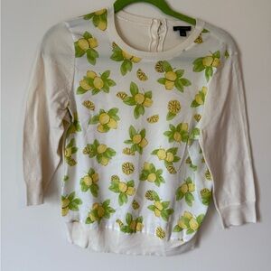 Ann Taylor Lemon Print Crew Neck Sweater - White and Yellow